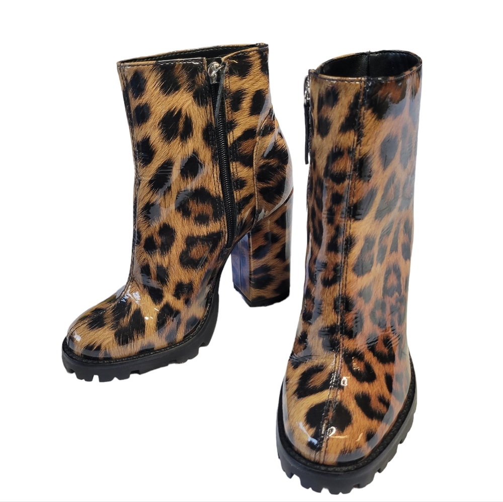 Schutz Nandy Patent Leopard Lug Sole Platform Booties